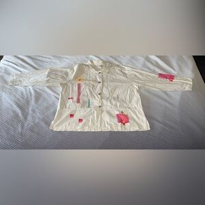 Hand Painted Cream Button-Up Shirt w/ Colorful Abstract Design Play Alegre AS IS